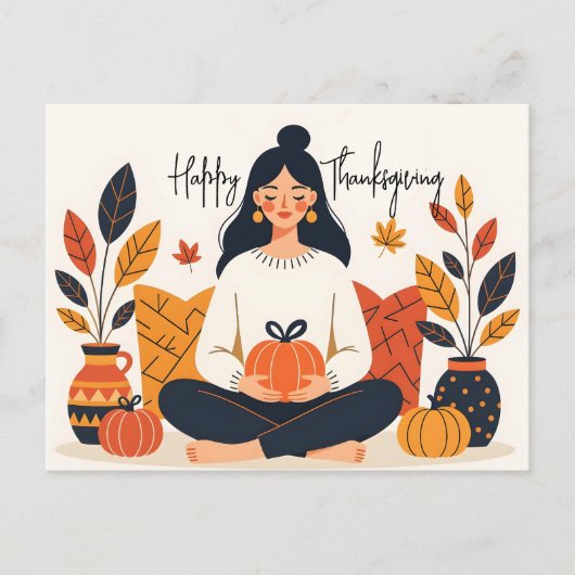 Gezellige Herfst Meditatie Vrouw Pompoen Thanksgiv Feestdagenkaart (Voorkant)