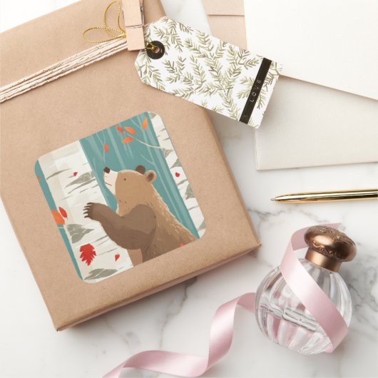 Gezellige Herfst Momenten met een Woodland Beer Vierkante Sticker (Geschenken)