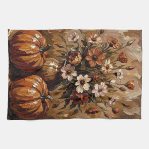 Gezellige herfst oogst pompoenen en bloemen theedoek