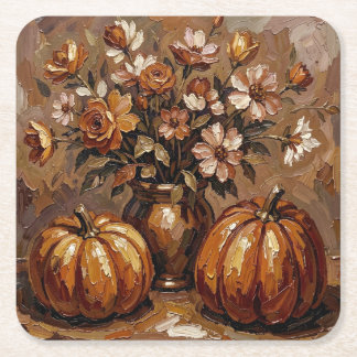 Gezellige herfst oogst pompoenen en rozen kartonnen onderzetters