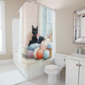 Gezellige Herfst Pastel Pompoenen Zwarte Kat Douchegordijn (In situ)