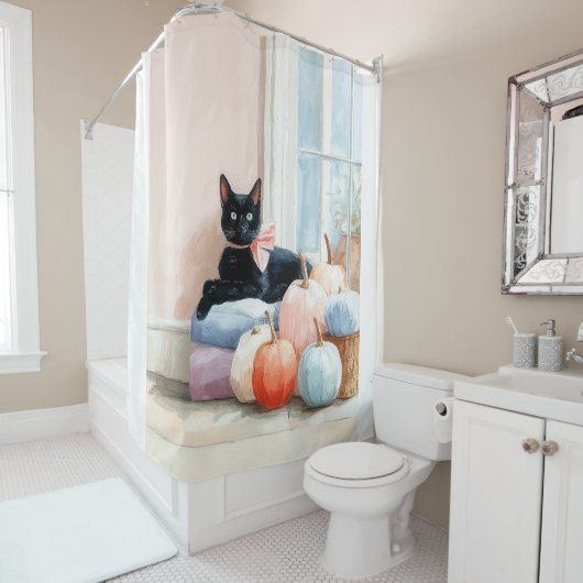 Gezellige Herfst Pastel Pompoenen Zwarte Kat Douchegordijn (In situ)