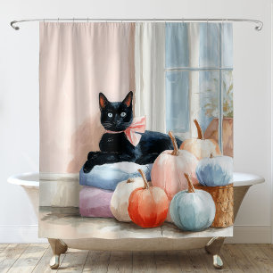 Gezellige herfst pastel pompoenen zwarte kat douchegordijn