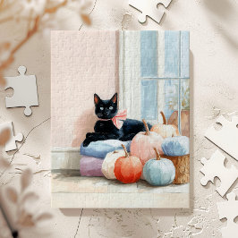 Gezellige herfst pastel pompoenen zwarte kat legpuzzel