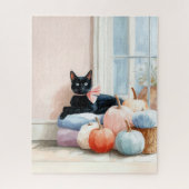 Gezellige Herfst Pastel Pompoenen Zwarte Kat Legpuzzel (Verticaal)