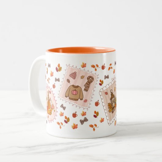 Gezellige herfst pompoen kruid trui & bladeren twe tweekleurige koffiemok (Voorkant links)