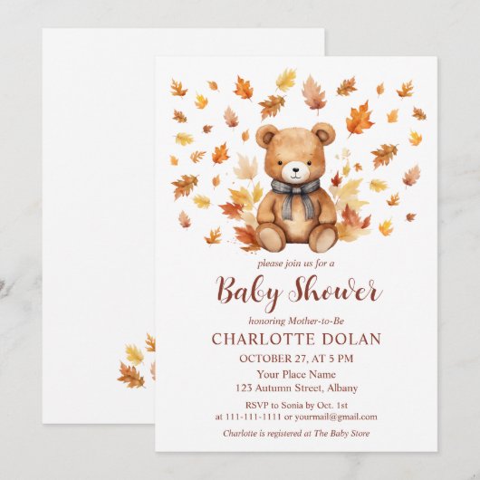 Gezellige Herfst Teddy Bear Baby shower Uitnodigin Kaart (Voorkant / Achterkant)