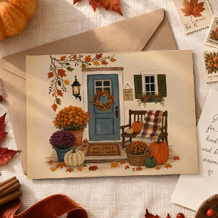 Gezellige herfst voordeuren pompoen krans illustra briefkaart