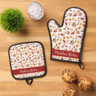 Gezellige herfstbladeren en paddenstoelen geperson ovenwant & pannenlap set