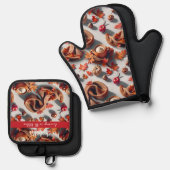 Gezellige herfstbladeren en warme Drink Ovenwant & Pannenlap Set (Voorkant / Achterkant)