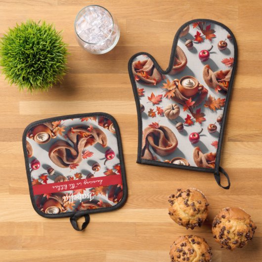 Gezellige herfstbladeren en warme Drink Ovenwant & Pannenlap Set (Top down)