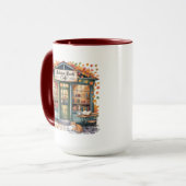 Gezellige herfstboekcafé mok — Open boek en lantaa (Voorkant links)