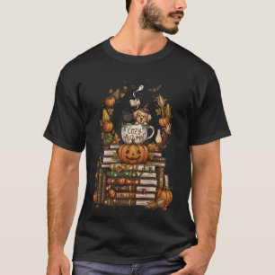 Gezellige herfstkat-hond-pompoenboeken t-shirt