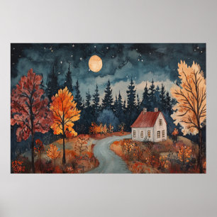 Gezellige herfstnacht cottage watercolor herfst ku poster
