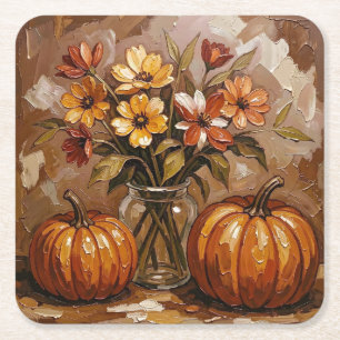 Gezellige herfstpompoenen en bloemen kartonnen onderzetters