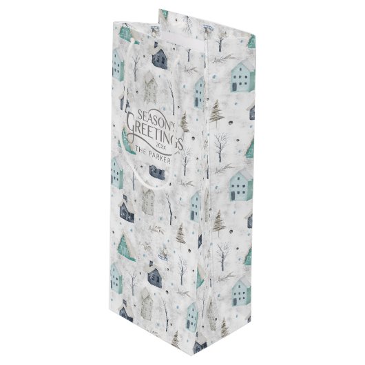 Gezellige Home Kerst Blauwgroen ID985 Wijn Cadeautas (Voorkant Gekanteld)