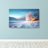 Gezellige hut in de sprankelende sneeuw canvas afdruk (Insitu (Houten vloer))