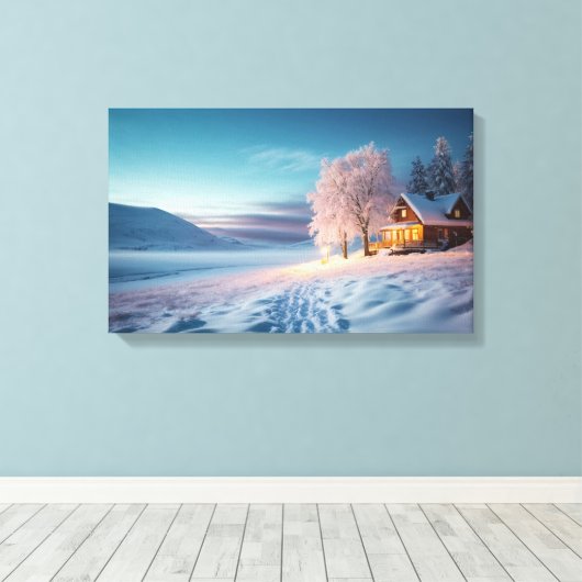 Gezellige hut in de sprankelende sneeuw canvas afdruk (Insitu (Houten vloer))