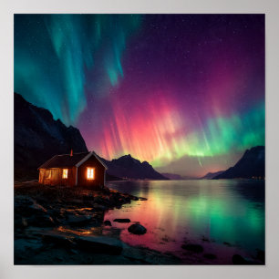 Gezellige hut onder Noorderlicht Fjord Scene Poster