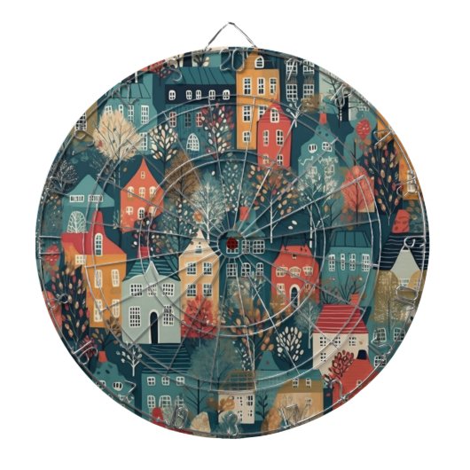 Gezellige Hygge Village Nordic Folk Art Dartbord (Voorkant)