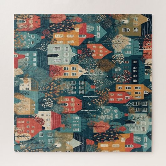 Gezellige Hygge Village Nordic Folk Art Legpuzzel (Horizontaal)