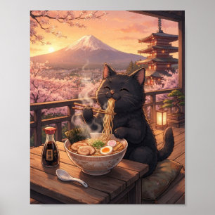 Gezellige Japanse Zwarte Kat die Ramen Slurpt Post Poster