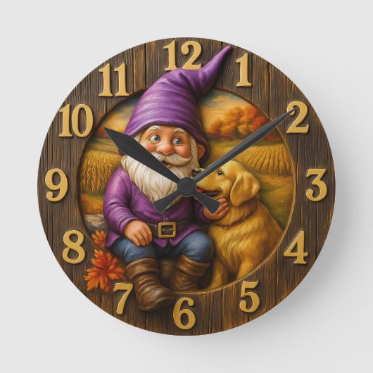 Gezellige kabouter & hond herfst  ronde klok (Voorkant)