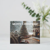 Gezellige kamer Kerstmis ,Open haard, boom en kous Briefkaart (Staand voorkant)