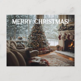 Gezellige kamer Kerstmis ,Open haard, boom en kous Briefkaart