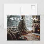 Gezellige kamer Kerstmis ,Open haard, boom en kous Feestdagenkaart (Voorkant / Achterkant)