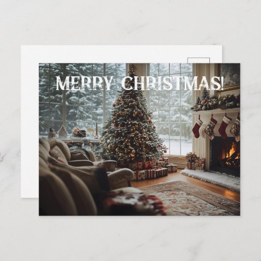 Gezellige kamer Kerstmis ,Open haard, boom en kous Feestdagenkaart (Voorkant / Achterkant)