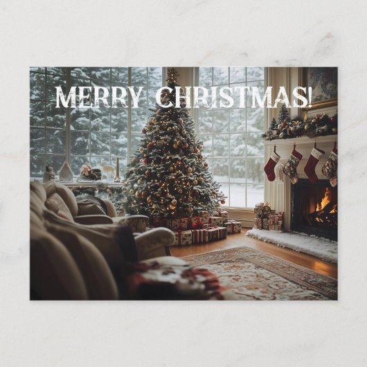 Gezellige kamer Kerstmis ,Open haard, boom en kous Feestdagenkaart (Voorkant)