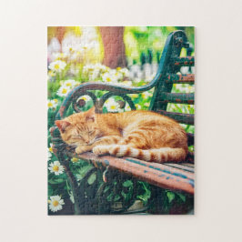 Gezellige kat die slaapt in de tuin op een bank legpuzzel