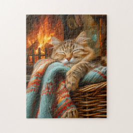 Gezellige kat die slaapt in mandje bij warme open  legpuzzel