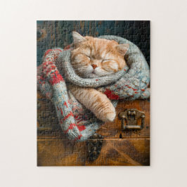 Gezellige kat die slaapt op een houten doos legpuzzel