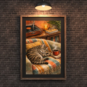 Gezellige Kat en Coffee Vinyl Scene, Slapende Lapj Poster