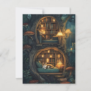 Gezellige kat in een magische boomhutbibliotheek briefkaart