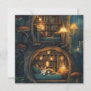 Gezellige kat in een magische boomhutbibliotheek feestdagenkaart
