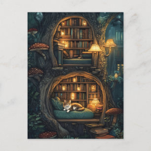 Gezellige kat in een magische boomhutbibliotheek feestdagenkaart