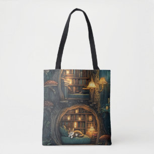 Gezellige kat in een magische boomhutbibliotheek tote bag