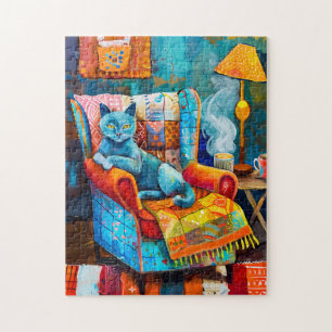 Gezellige kat in fauteuil legpuzzel