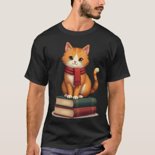 Gezellige kat leest boeken herfst sjaal vintage re t-shirt
