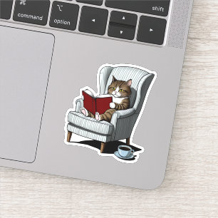 Gezellige kat met boek en koffie sticker