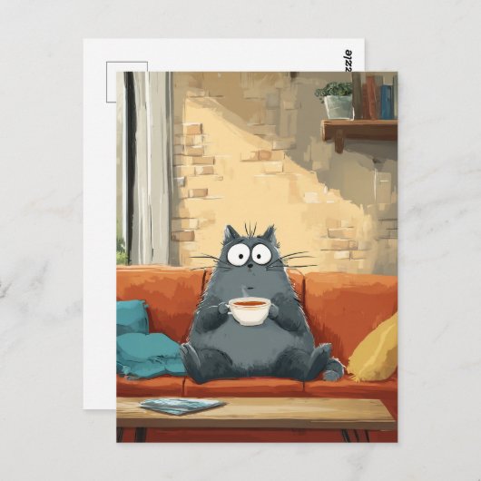 Gezellige kat met koffie briefkaart (Voorkant / Achterkant)