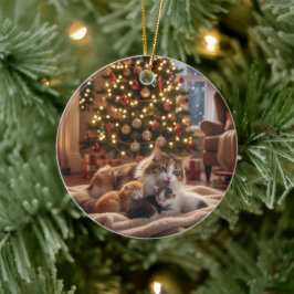 Gezellige Kattenfamilie Kerstboom - Mama & Kitten Keramisch Ornament