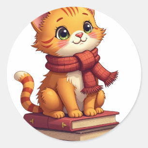 Gezellige kattenliefhebber met gebreide sjaal en h ronde sticker