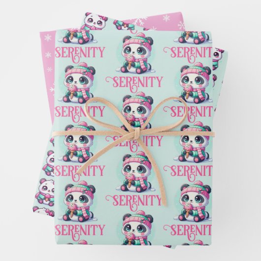 Gezellige Kawaii Panda met Ice Cream Cone Winter Inpakpapier Vel (In situ)