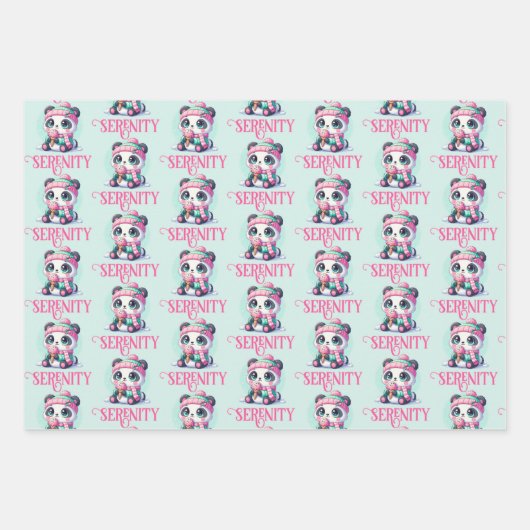 Gezellige Kawaii Panda met Ice Cream Cone Winter Inpakpapier Vel (Voorkant)