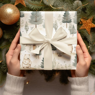 Gezellige kerst: Beige en witte Waterverf Beer Cadeaupapier
