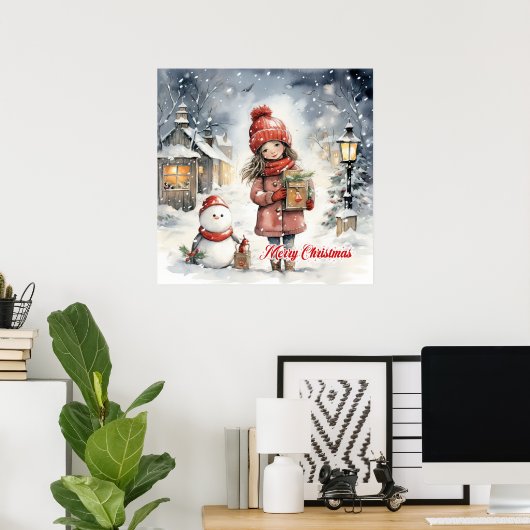 Gezellige kerst country scene met klein meisje poster (Thuiskantoor)